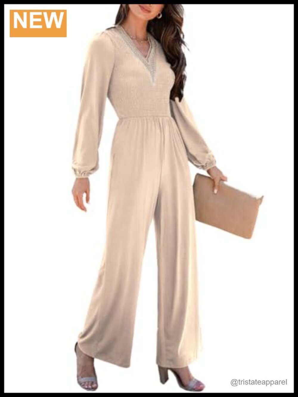 Women's Loose Wide Leg Jumpsuit Long Sleeve V-Neck One Piece with Pockets